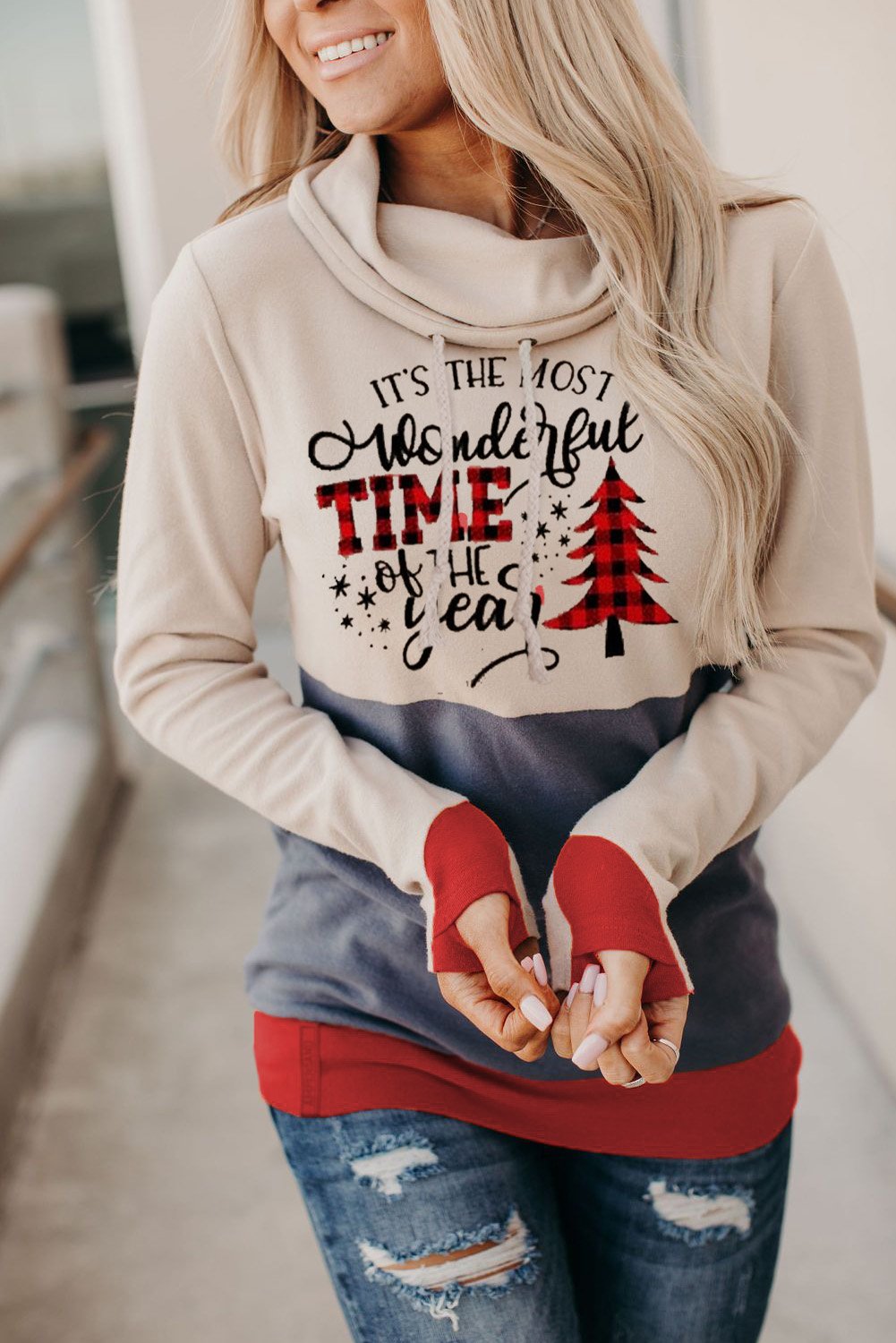 Christmas Tree Print Hoodie with Thumb Hole