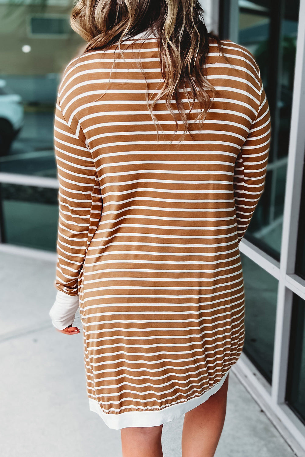 Brown Striped Side Pockets Open Front Cardigan