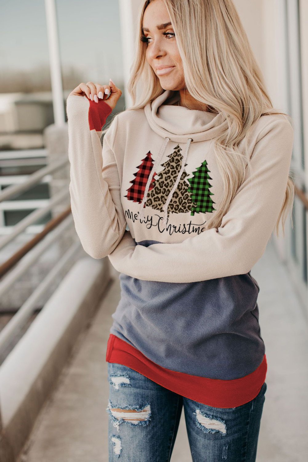 Christmas Tree Print Hoodie with Thumb Hole