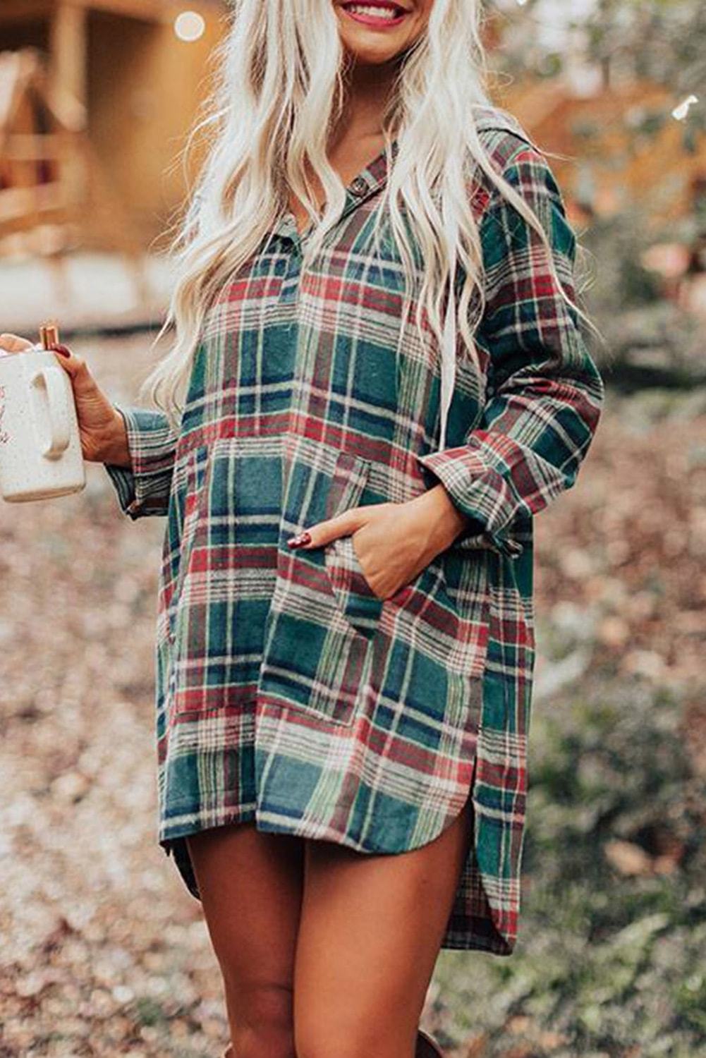 Hooded Button Placket Plaid Mini Dress with High/Low Hem