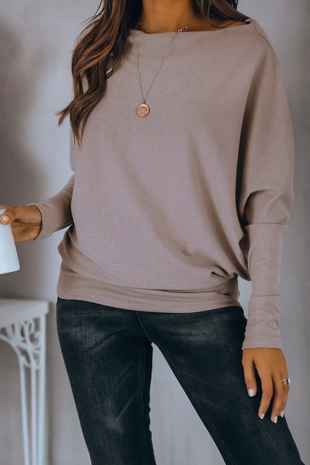 Off Shoulder Ribbed Texture Raglan Long Sleeve Top