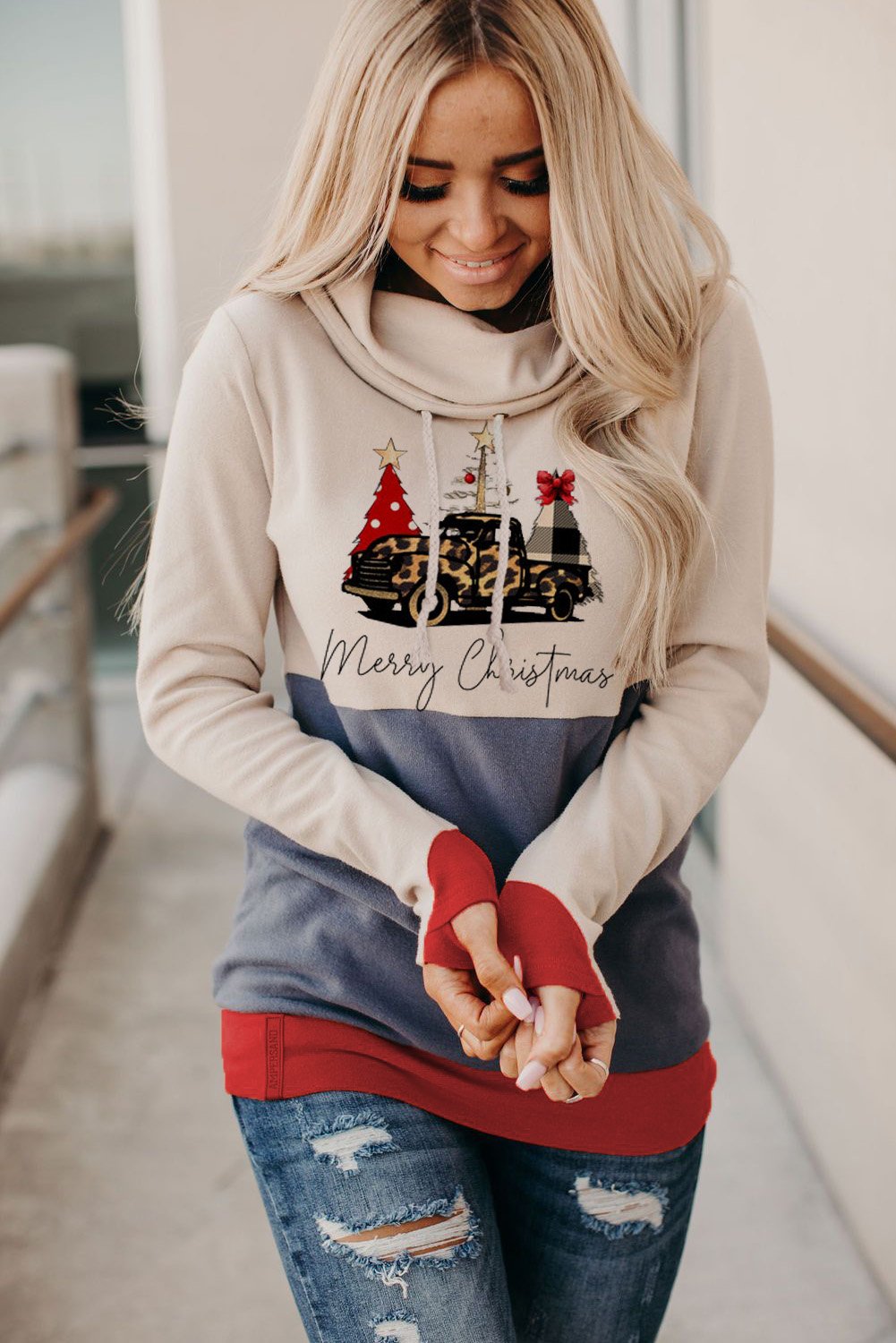 Christmas Tree Print Hoodie with Thumb Hole