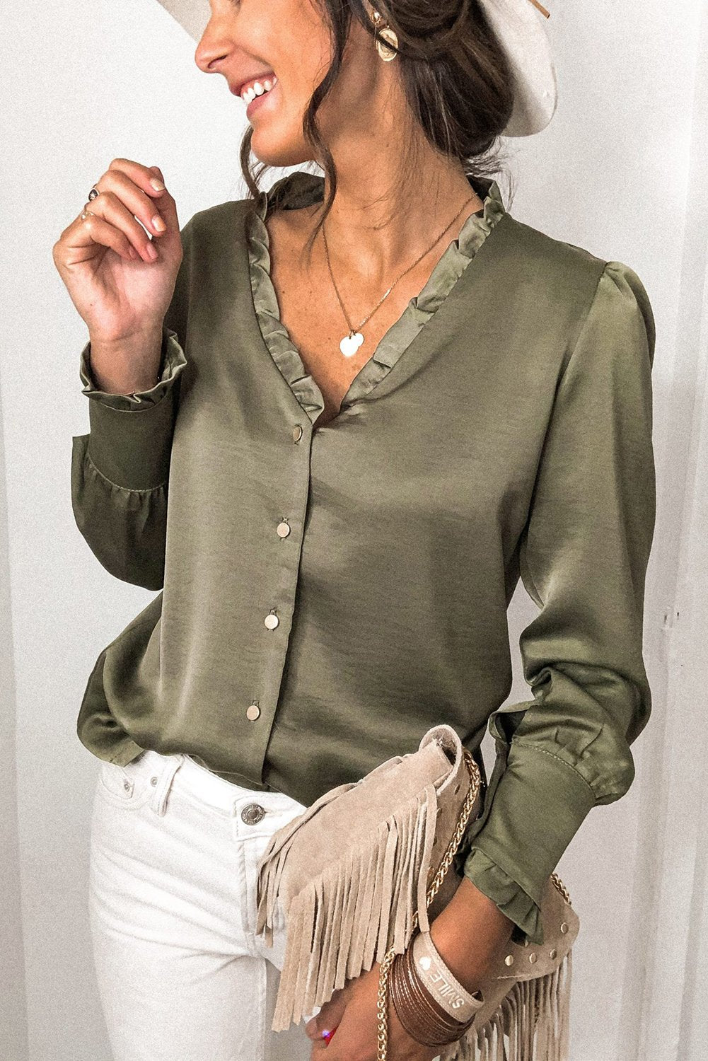 Frilled V Neckline Buttoned French Shirt