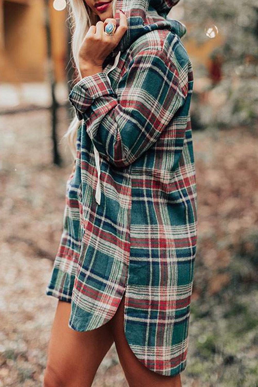 Hooded Button Placket Plaid Mini Dress with High/Low Hem