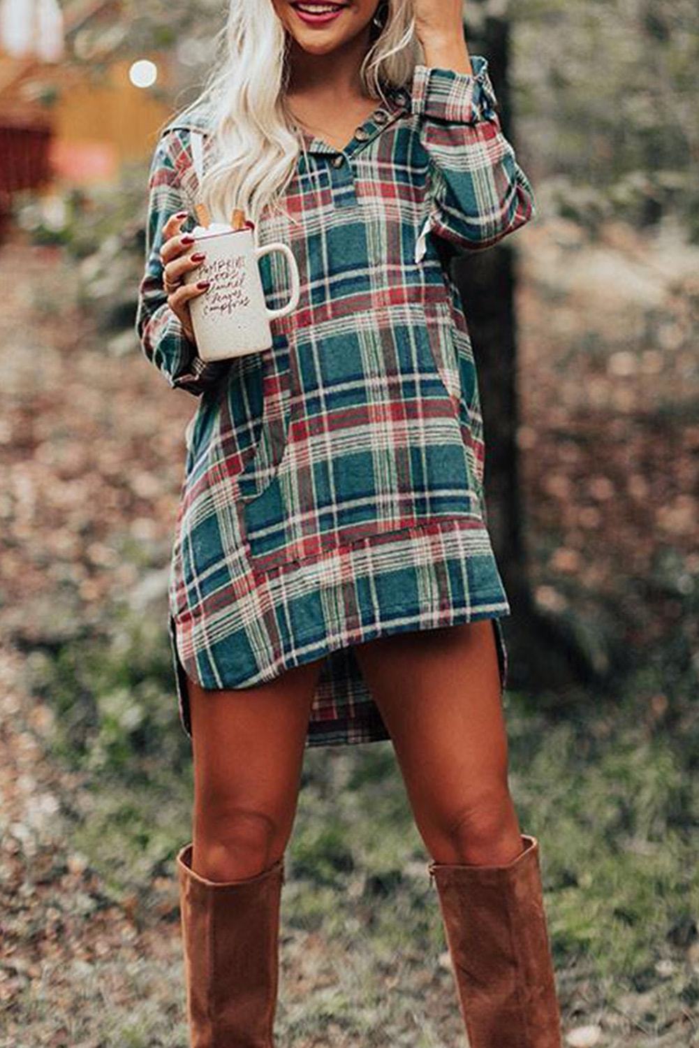 Hooded Button Placket Plaid Mini Dress with High/Low Hem