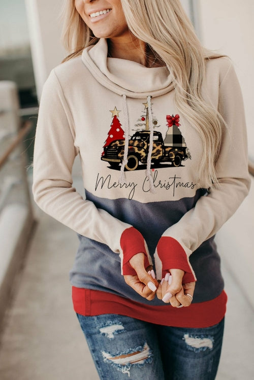 Christmas Tree Print Hoodie with Thumb Hole