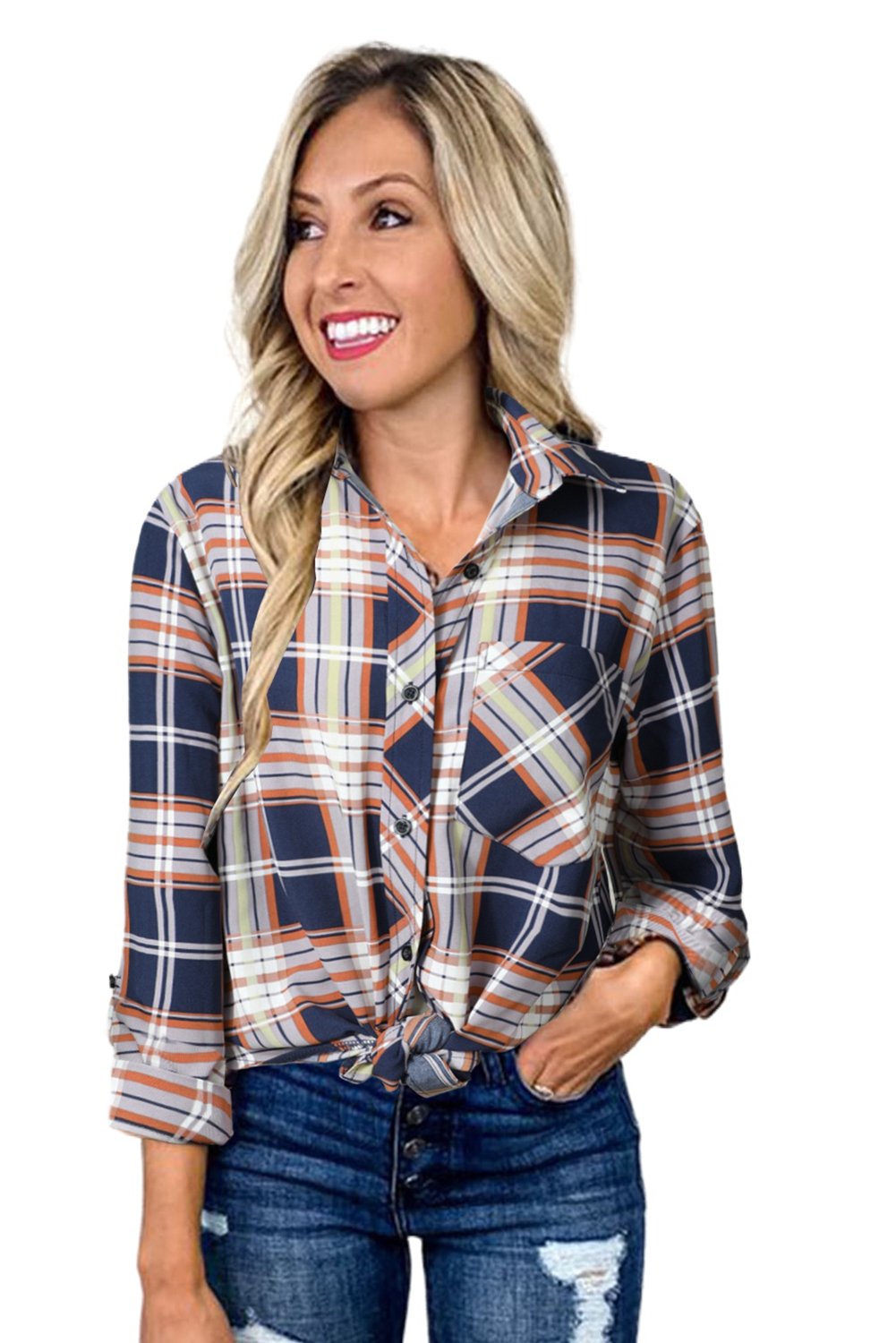 Chic Plaid Print Shirt with Pocket