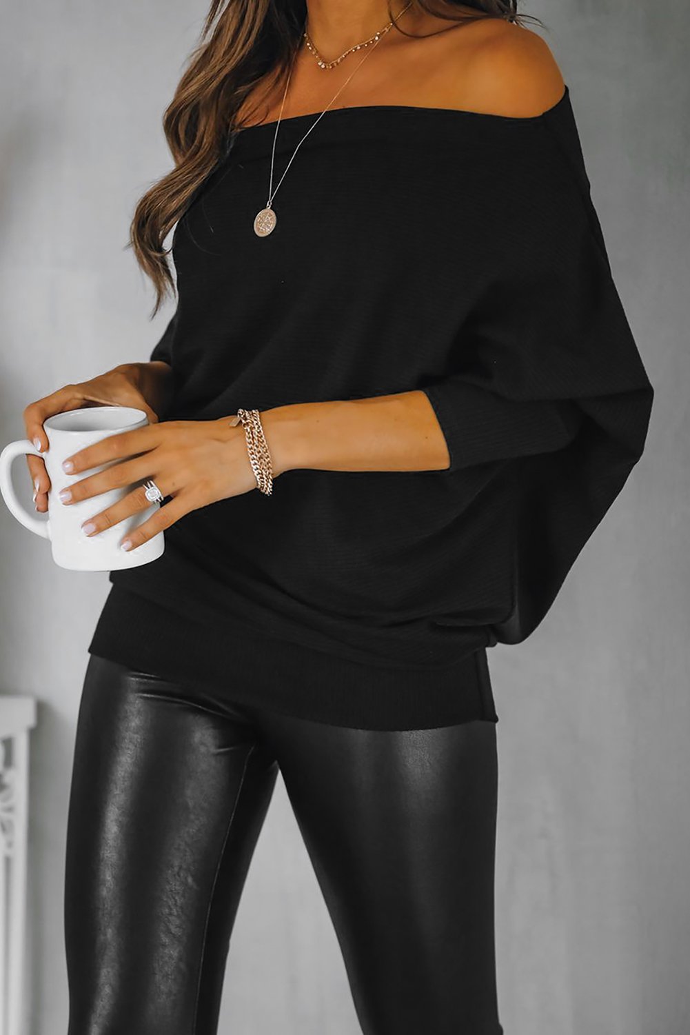 Off Shoulder Ribbed Texture Raglan Long Sleeve Top