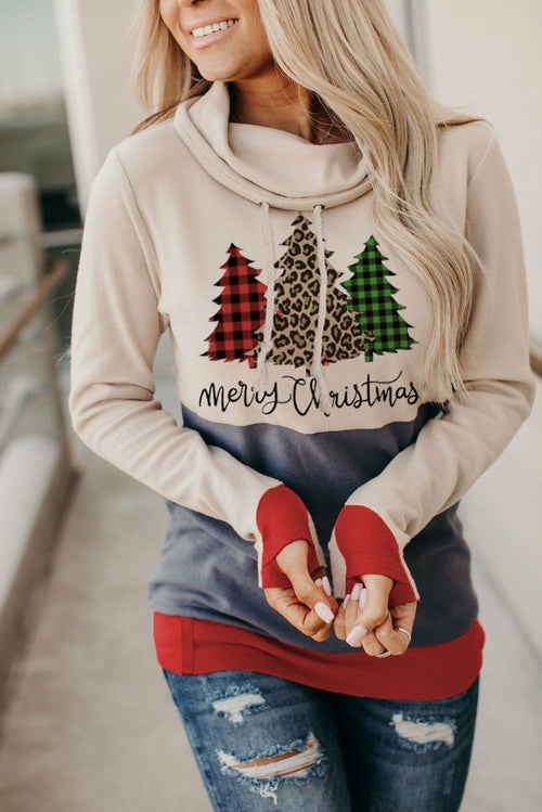 Christmas Tree Print Hoodie with Thumb Hole