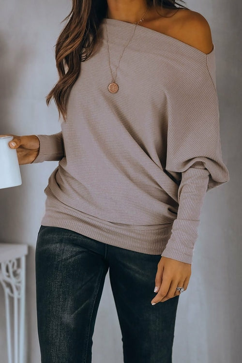 Off Shoulder Ribbed Texture Raglan Long Sleeve Top