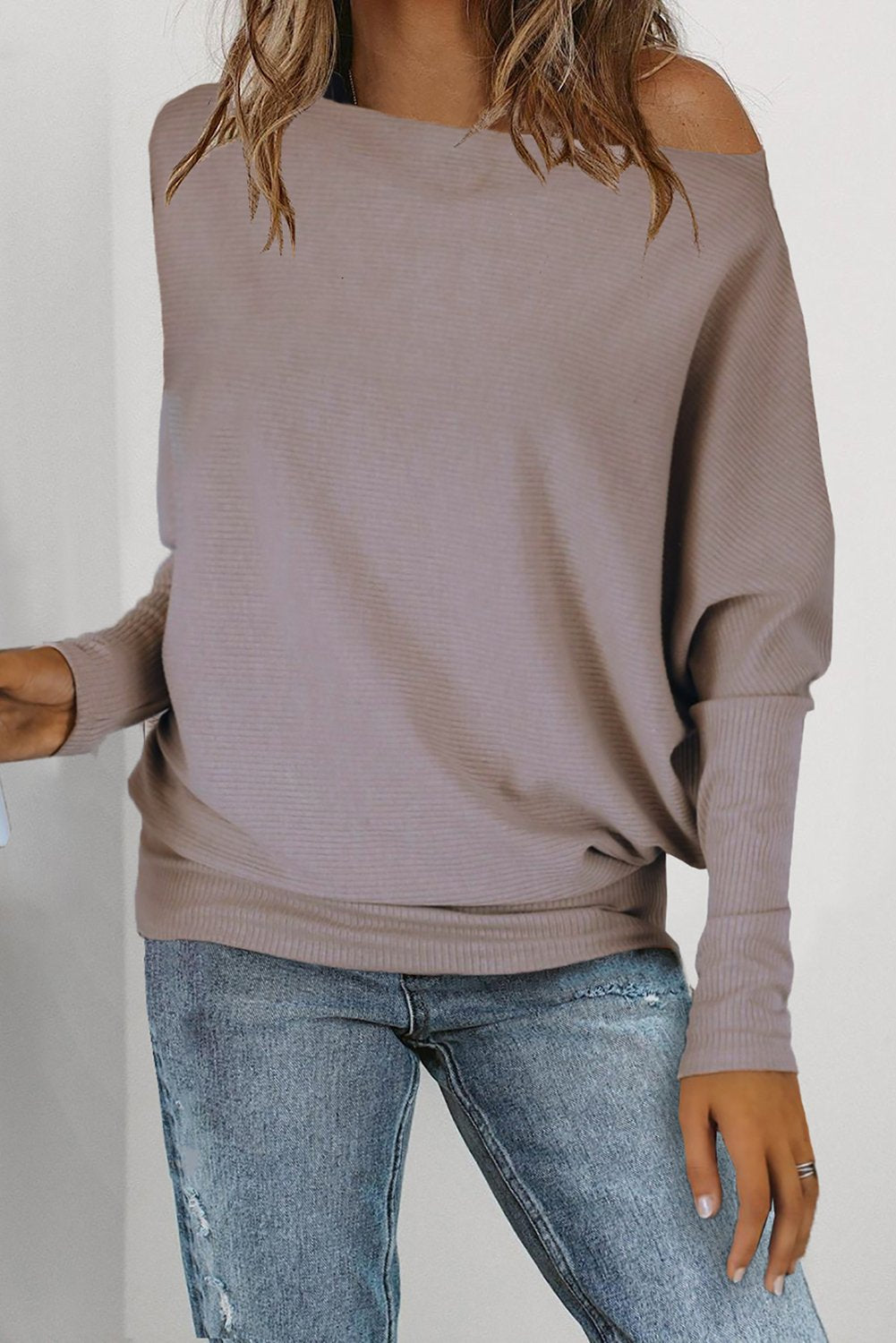 Off Shoulder Ribbed Texture Raglan Long Sleeve Top