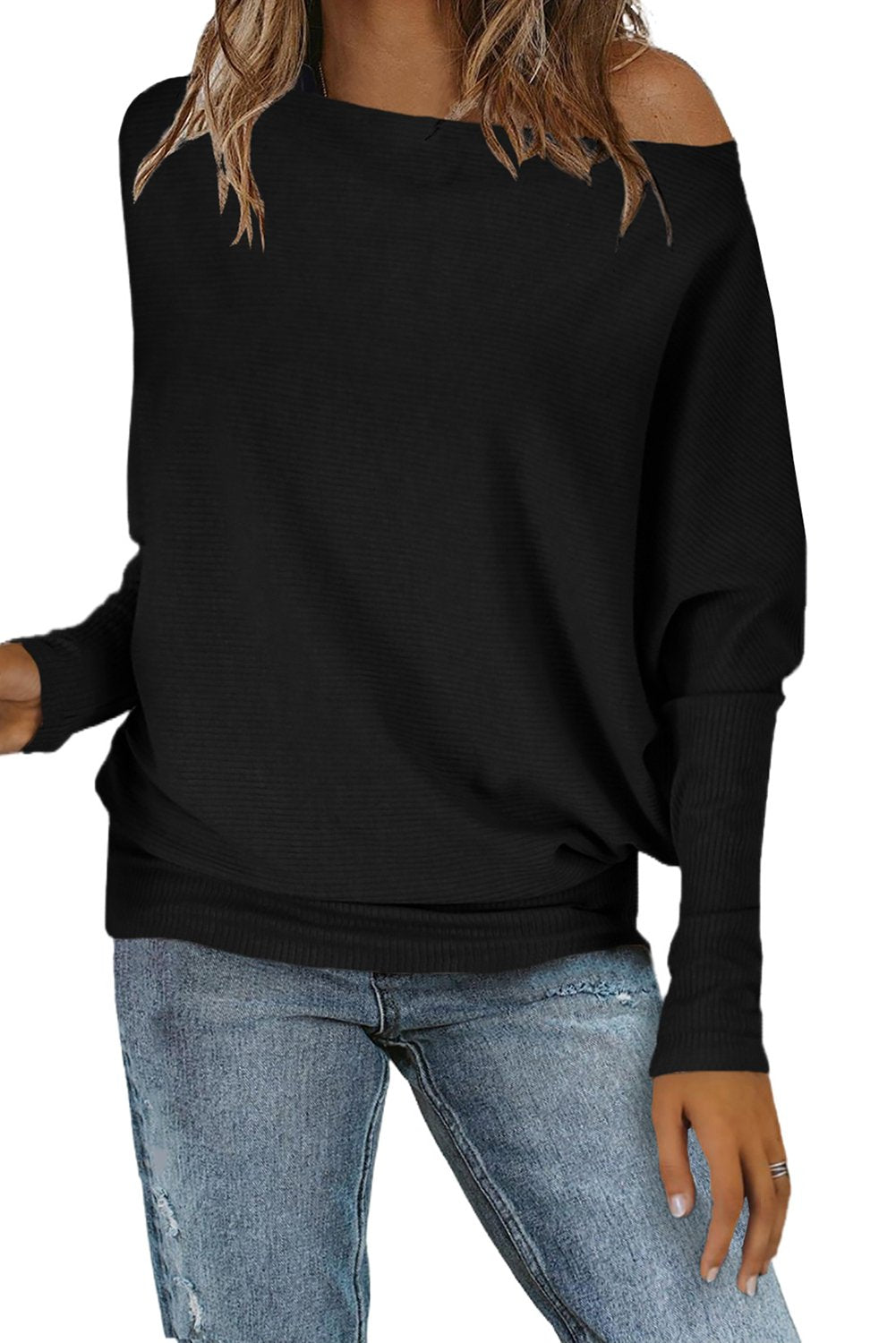 Off Shoulder Ribbed Texture Raglan Long Sleeve Top