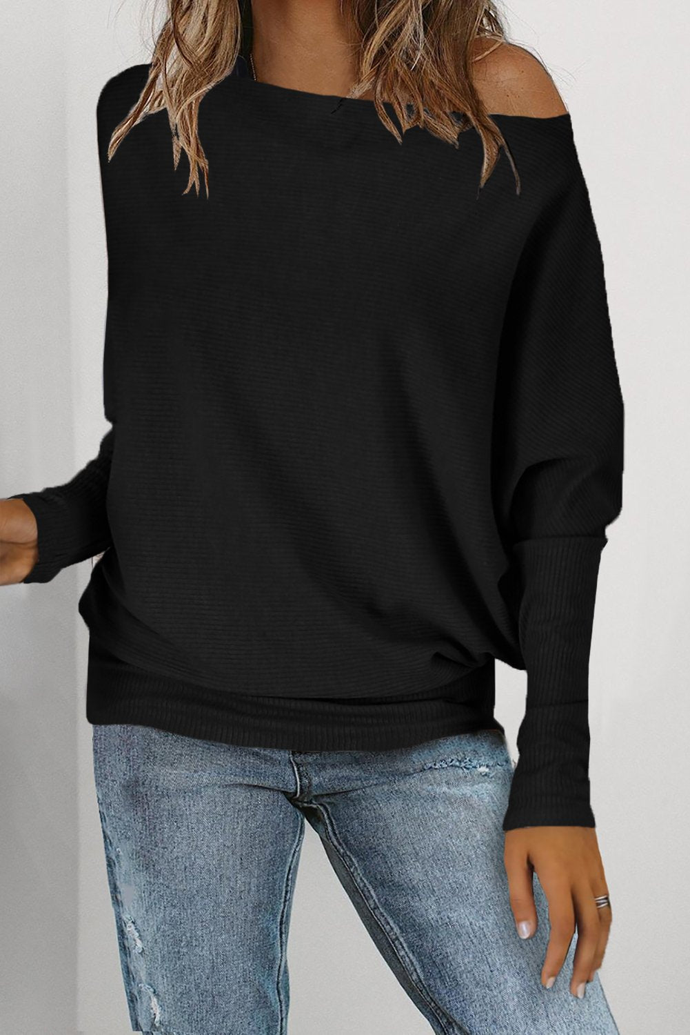 Off Shoulder Ribbed Texture Raglan Long Sleeve Top