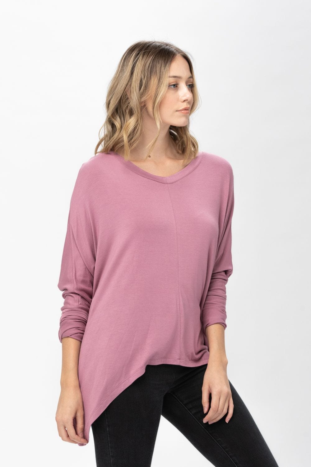 Knit Tunic Blouse Dolman Sleeve Oversized Curved-Hem Asymmetrical Tops