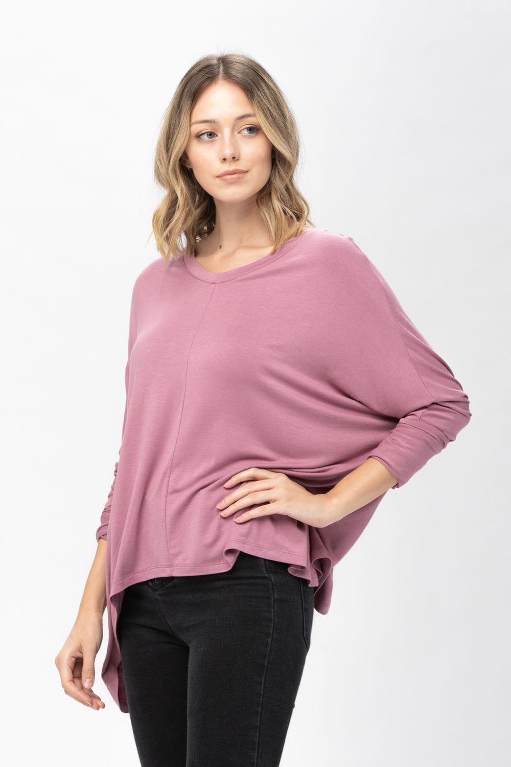 Knit Tunic Blouse Dolman Sleeve Oversized Curved-Hem Asymmetrical Tops