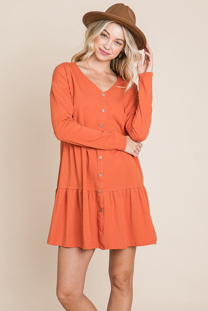 Button Front Long Sleeve Pleated Swing Dresses