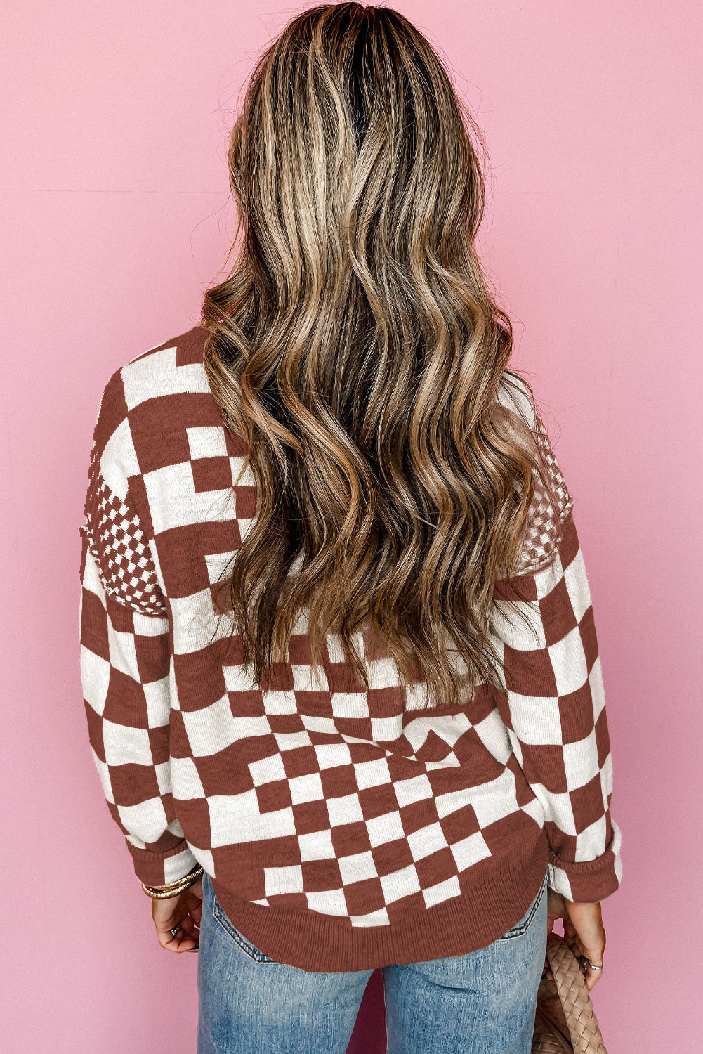 Brown Checkered Print Drop Shoulder Round Neck Sweater