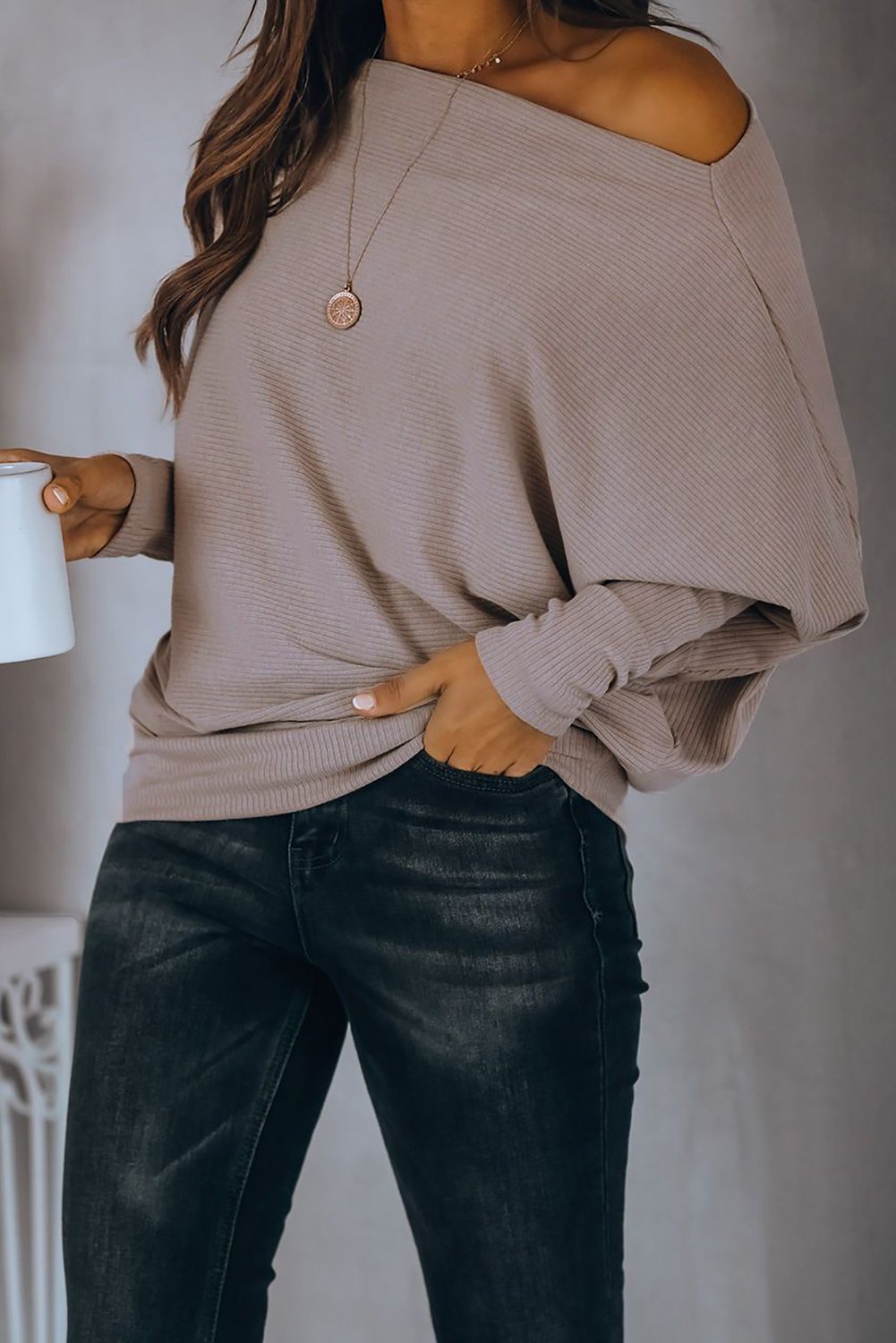 Off Shoulder Ribbed Texture Raglan Long Sleeve Top