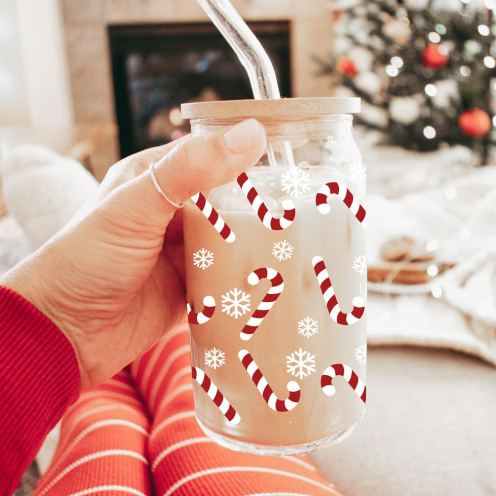 Candy Cane Coffee Mug Glass, Bamboo Lid & Straw