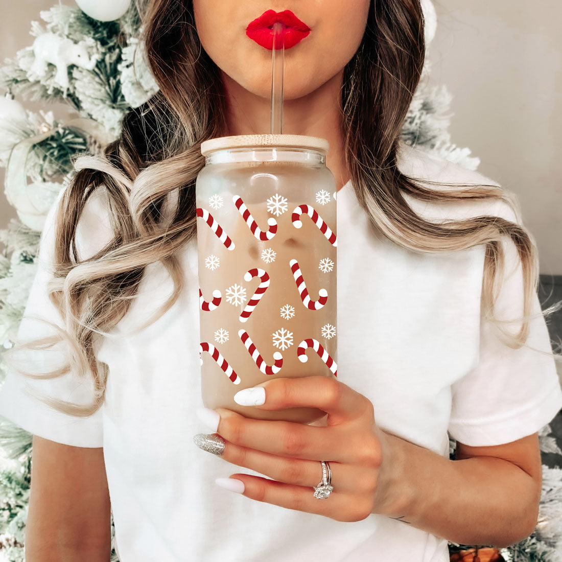 Candy Cane Coffee Mug Glass, Bamboo Lid & Straw