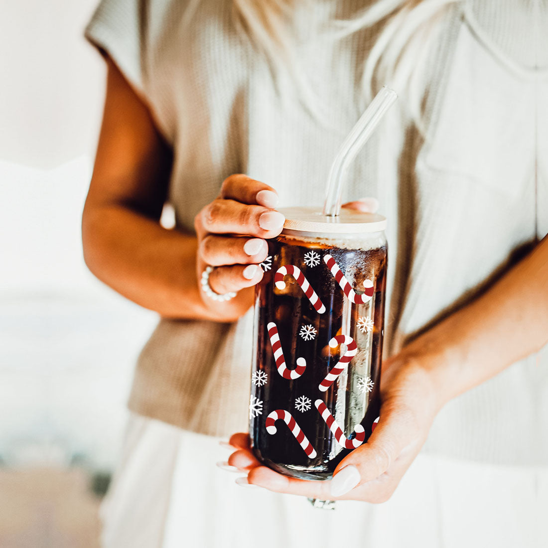 Candy Cane Coffee Mug Glass, Bamboo Lid & Straw