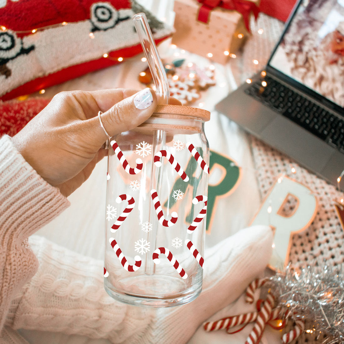 Candy Cane Coffee Mug Glass, Bamboo Lid & Straw