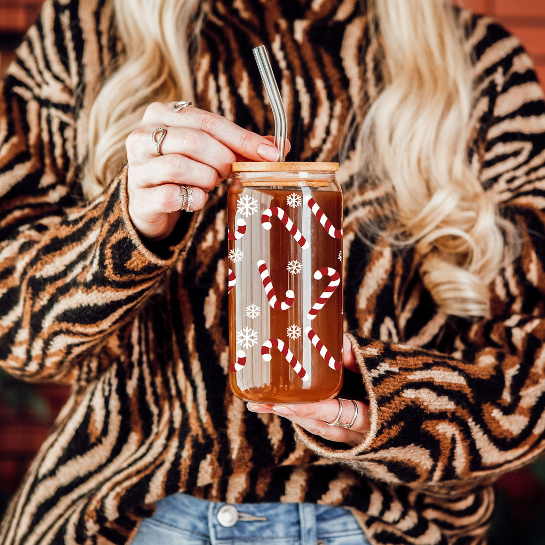 Candy Cane Coffee Mug Glass, Bamboo Lid & Straw