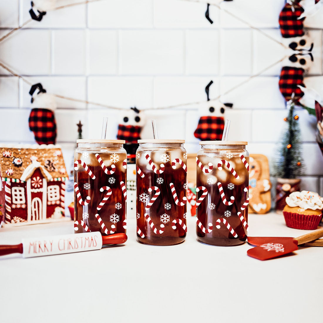 Candy Cane Coffee Mug Glass, Bamboo Lid & Straw