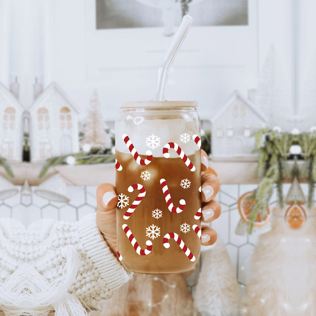 Candy Cane Coffee Mug Glass, Bamboo Lid & Straw