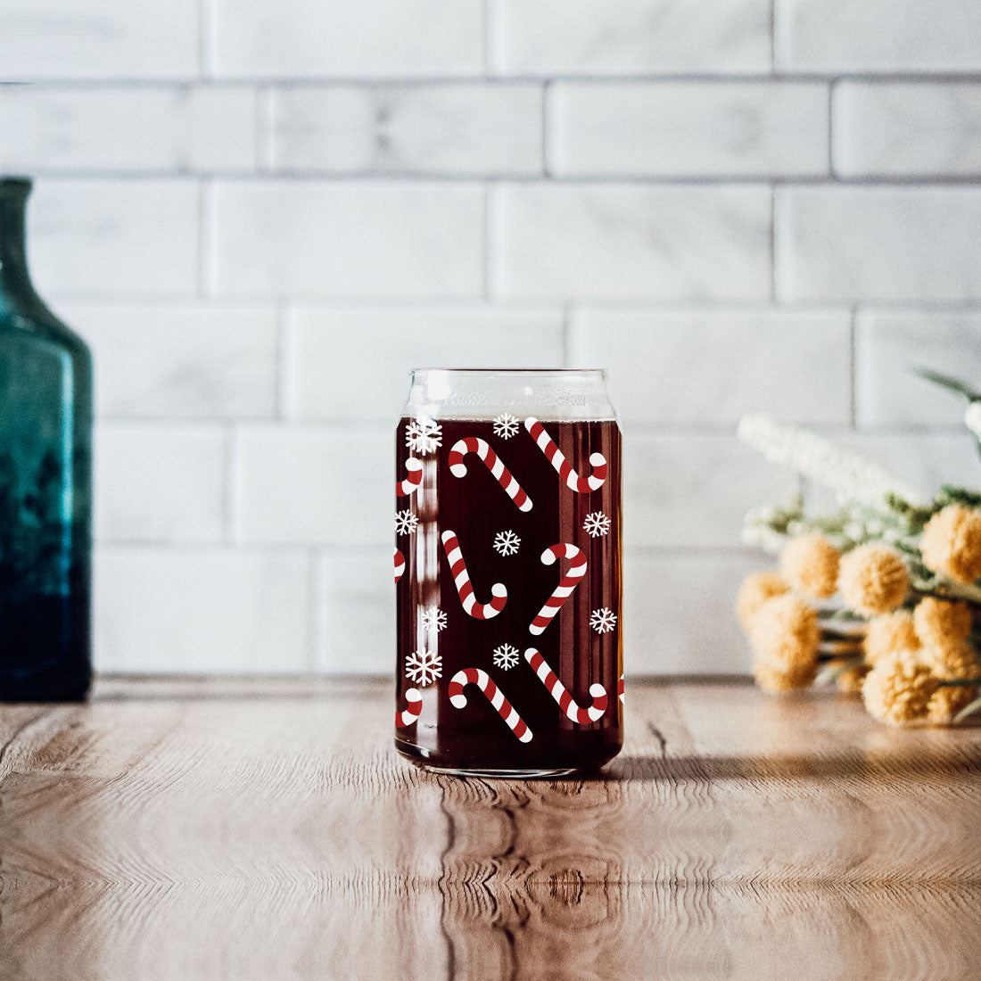 Candy Cane Coffee Mug Glass, Bamboo Lid & Straw