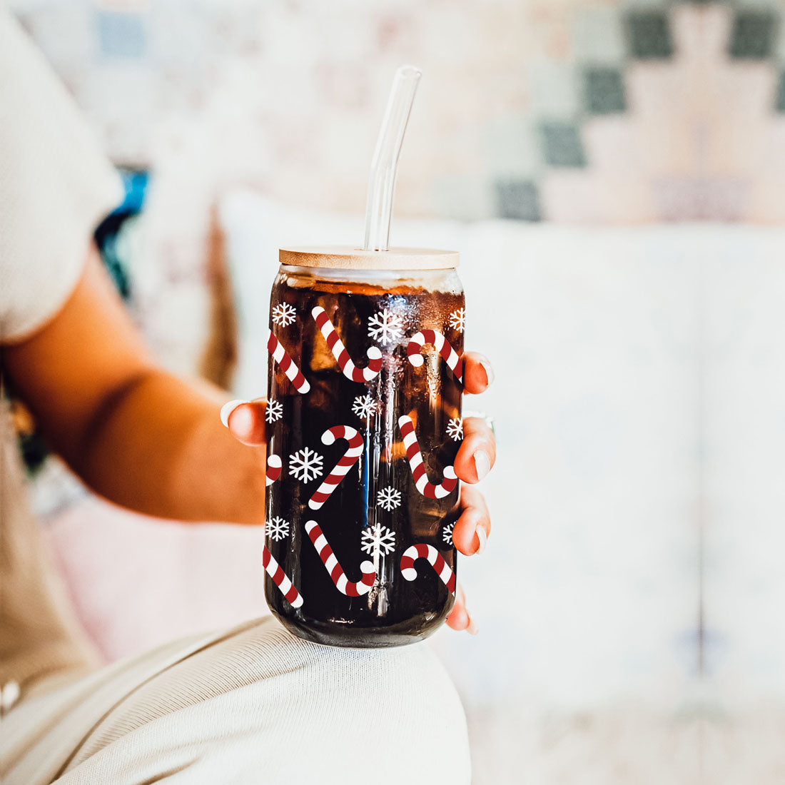 Candy Cane Coffee Mug Glass, Bamboo Lid & Straw