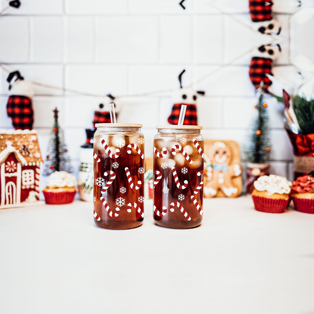 Candy Cane Coffee Mug Glass, Bamboo Lid & Straw