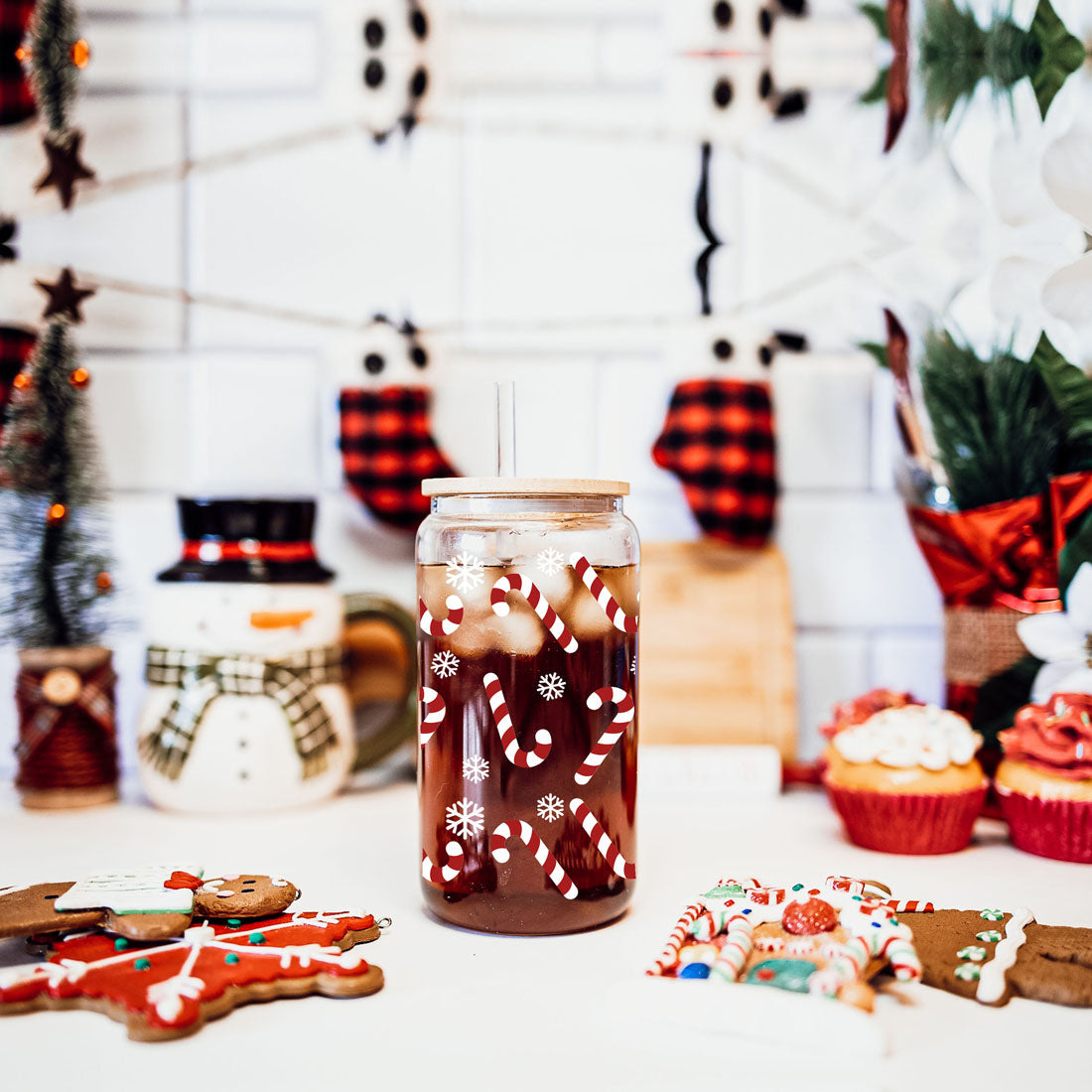 Candy Cane Coffee Mug Glass, Bamboo Lid & Straw