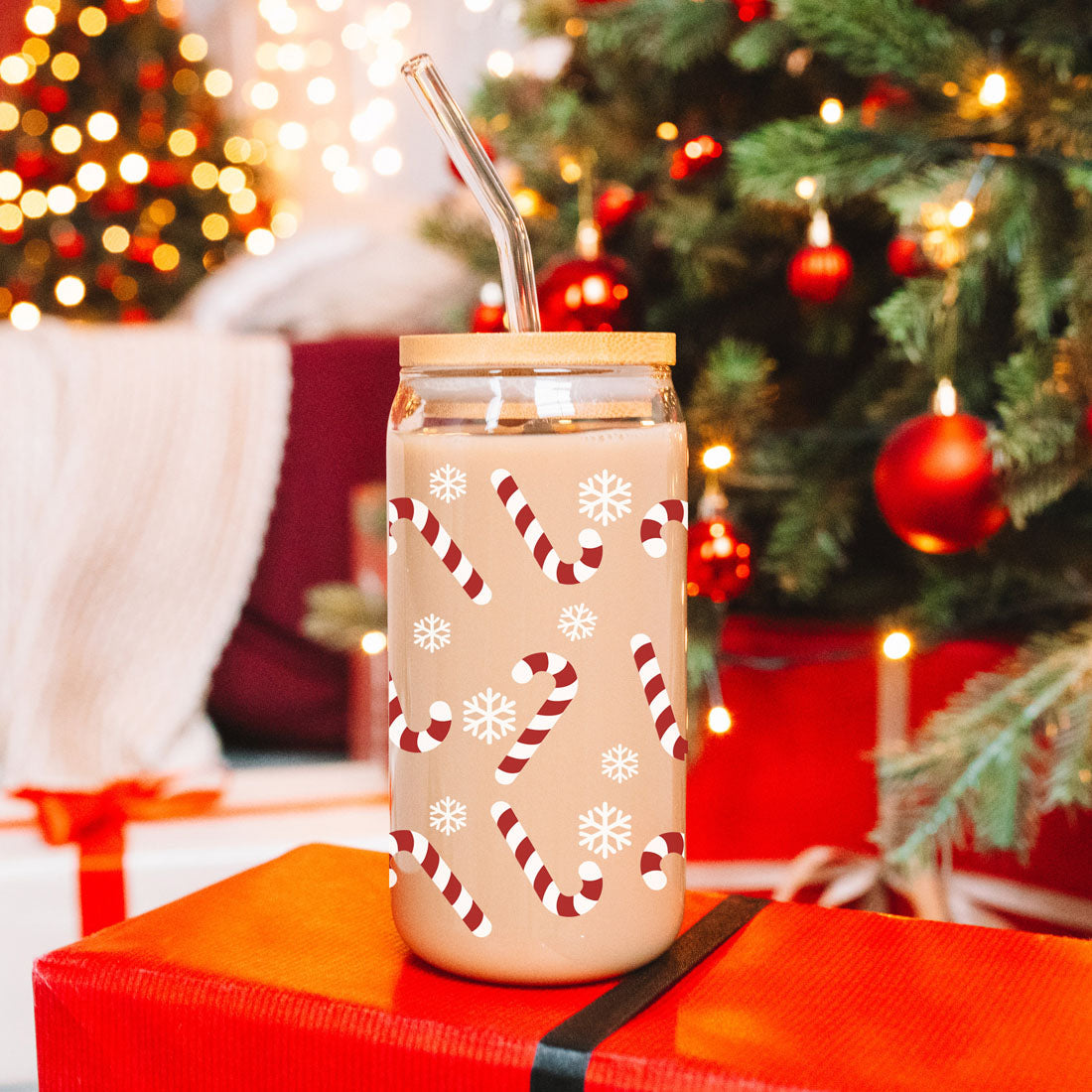 Candy Cane Coffee Mug Glass, Bamboo Lid & Straw