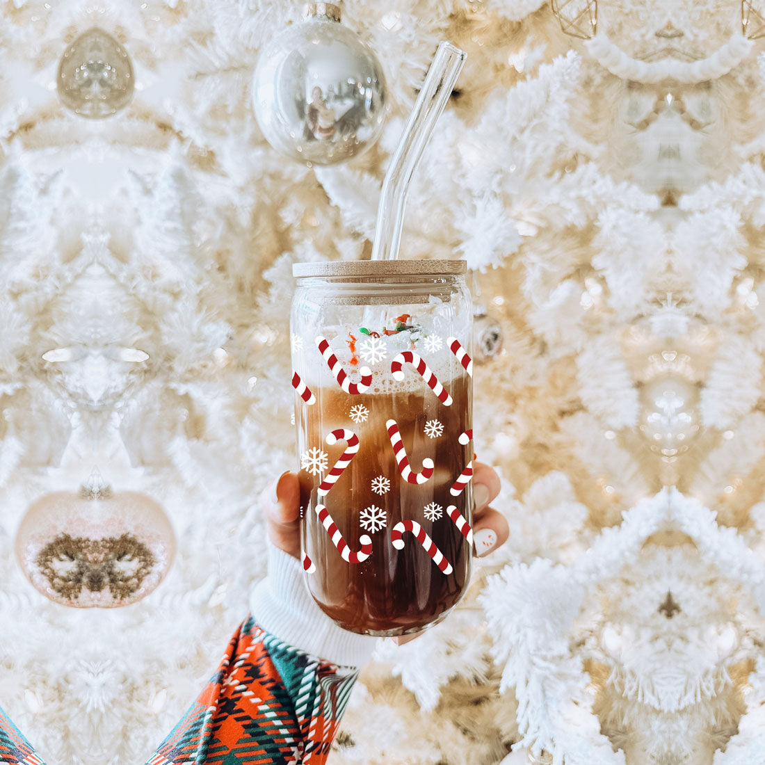 Candy Cane Coffee Mug Glass, Bamboo Lid & Straw