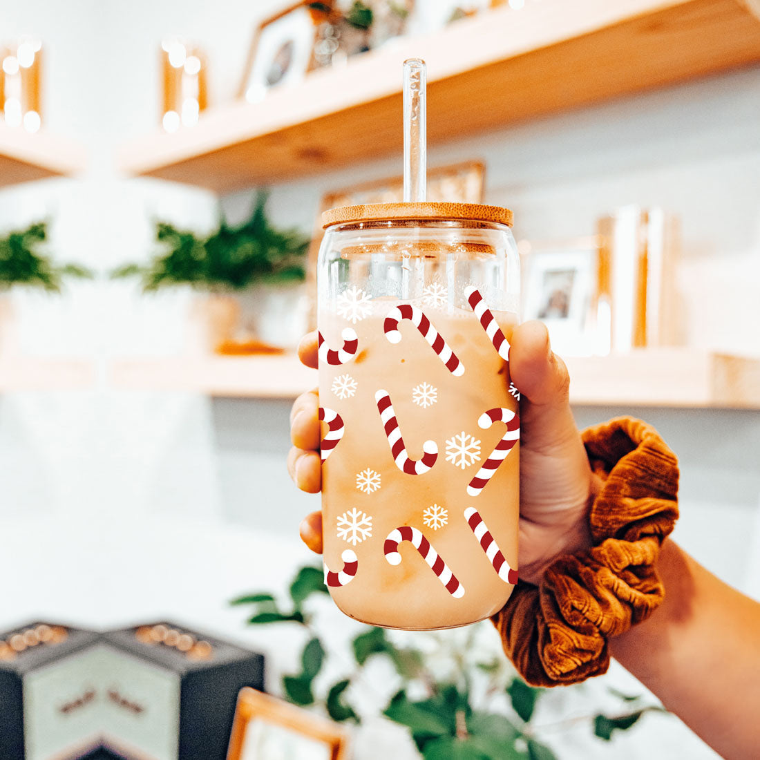 Candy Cane Coffee Mug Glass, Bamboo Lid & Straw