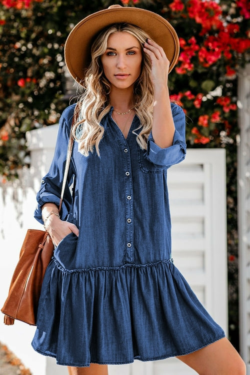 Pocketed Ruffled Denim Shirt Mini Dress