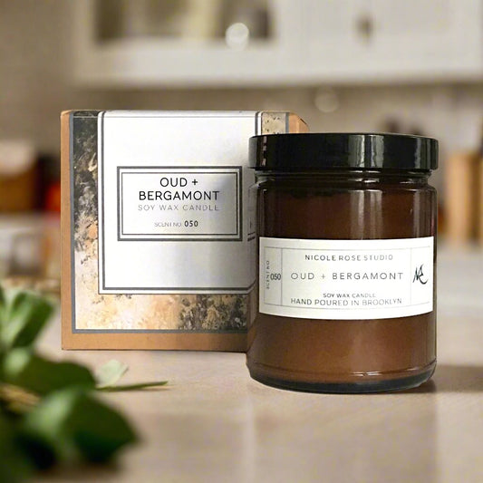 Oud + Bergamot Scented Soy Wax Candle