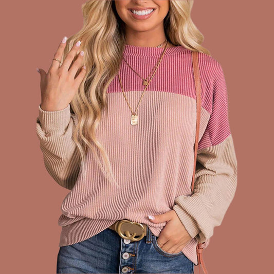 Womens Color Block Long Sleeve Crewneck Knitted Casual Pullover Tops