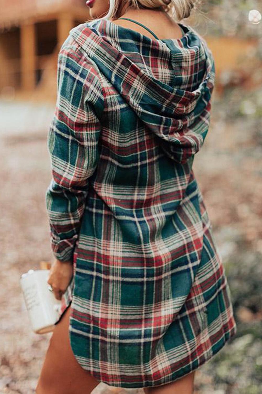 Hooded Button Placket Plaid Mini Dress with High/Low Hem