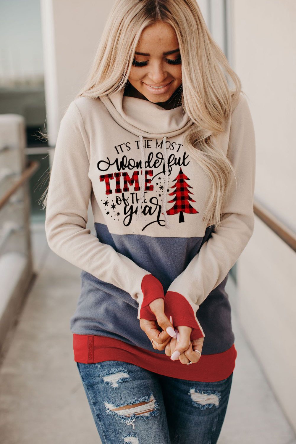 Christmas Tree Print Hoodie with Thumb Hole