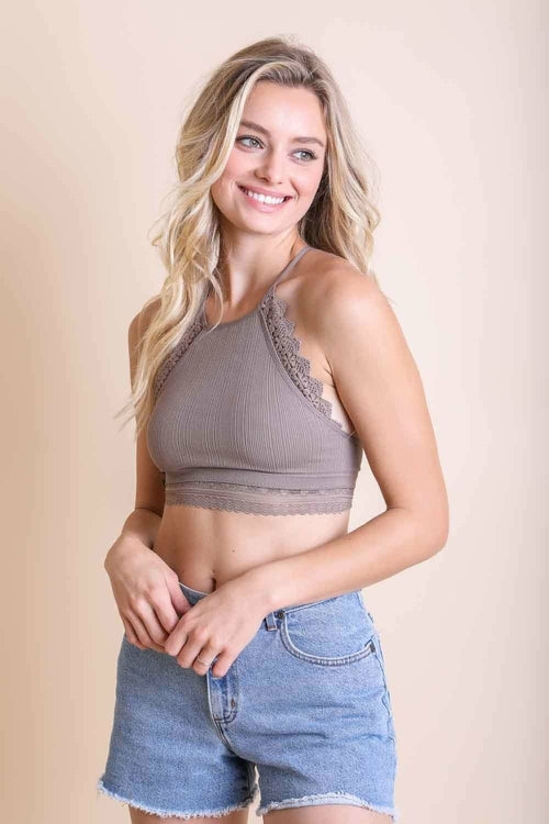 High Neck Crochet Trim Bralette