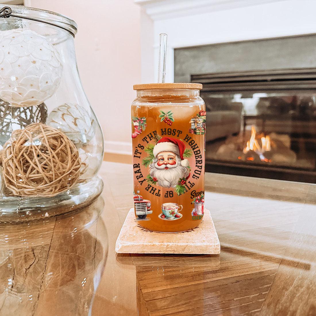 Vintage Christmas Glass Tumbler With lid & Straws