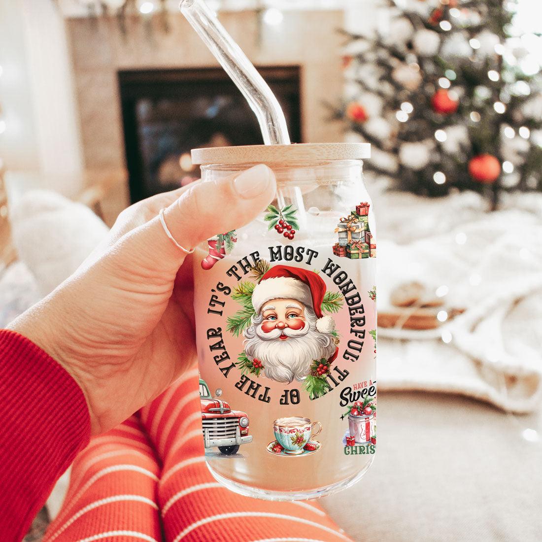 Vintage Christmas Glass Tumbler With lid & Straws