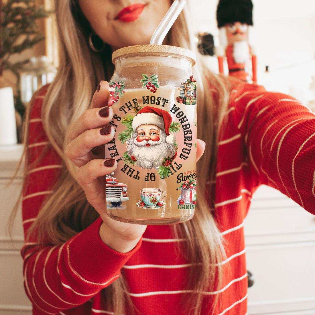 Vintage Christmas Glass Tumbler With lid & Straws