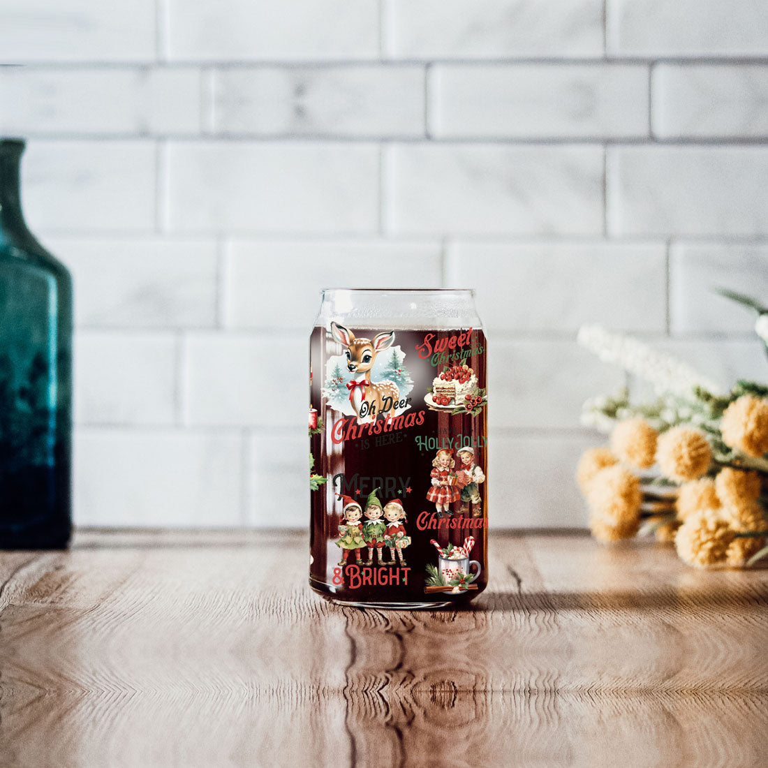 Vintage Christmas Glass Tumbler With lid & Straws